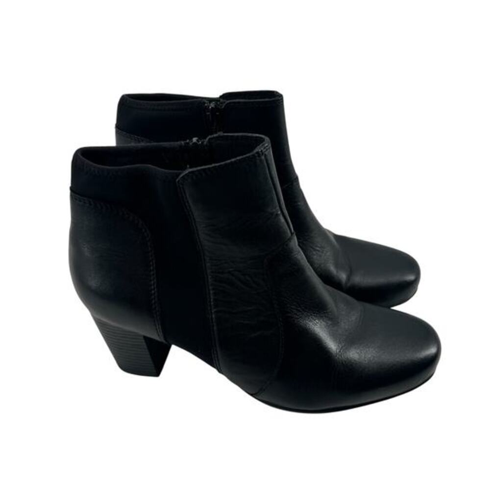 Clarks black Promise Camp leather ankle boots side zipper block heel size 10